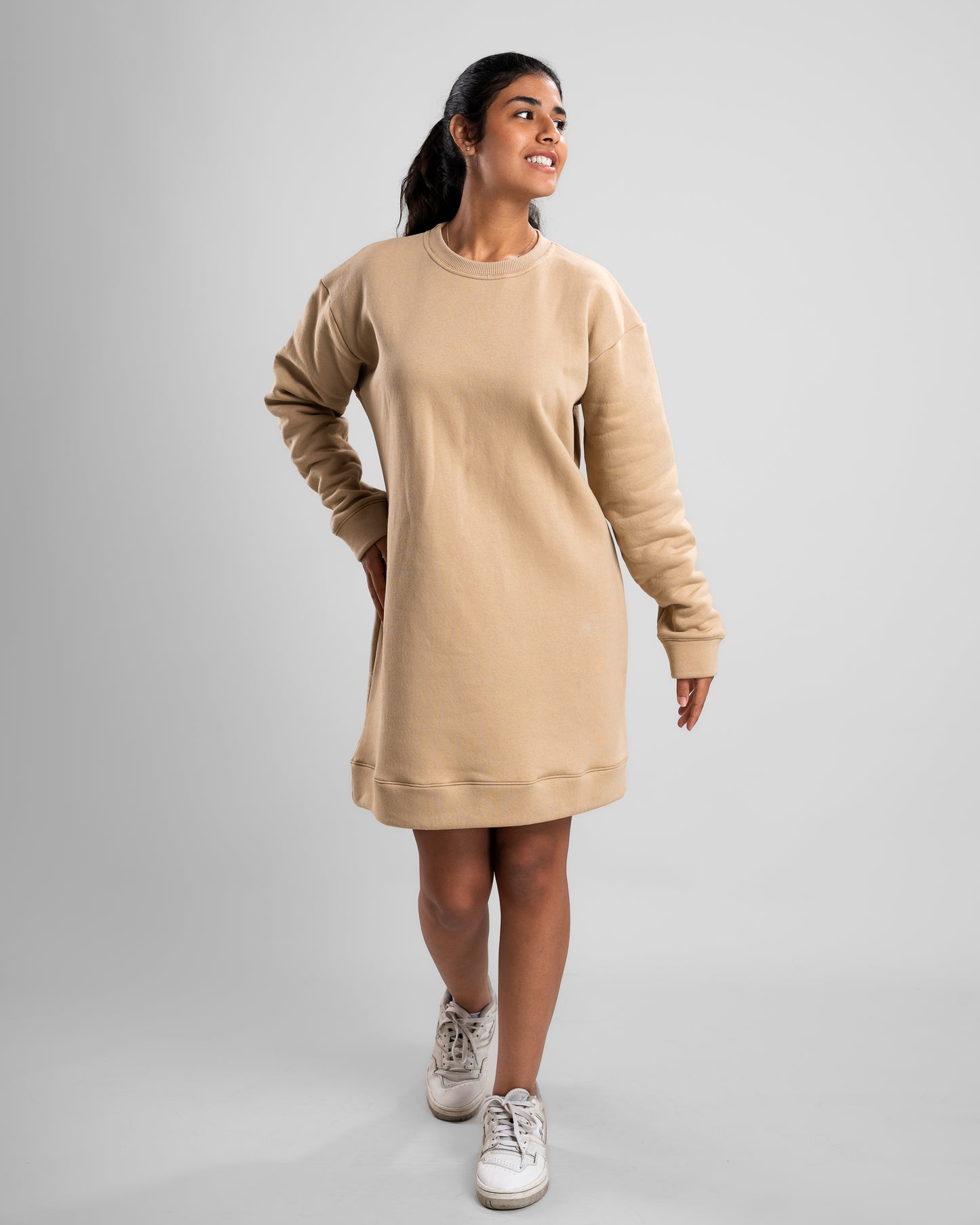 front view of Café Crew Neck Short Dress showing heavy Melton fabric for a cozy winter look.