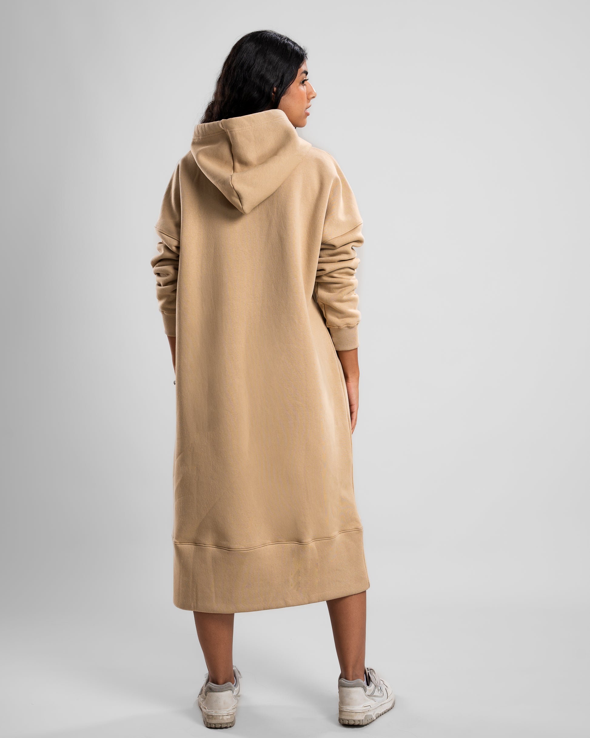 back view of Café Hoodie Long Dress with front pocket and hood, perfect for layering.