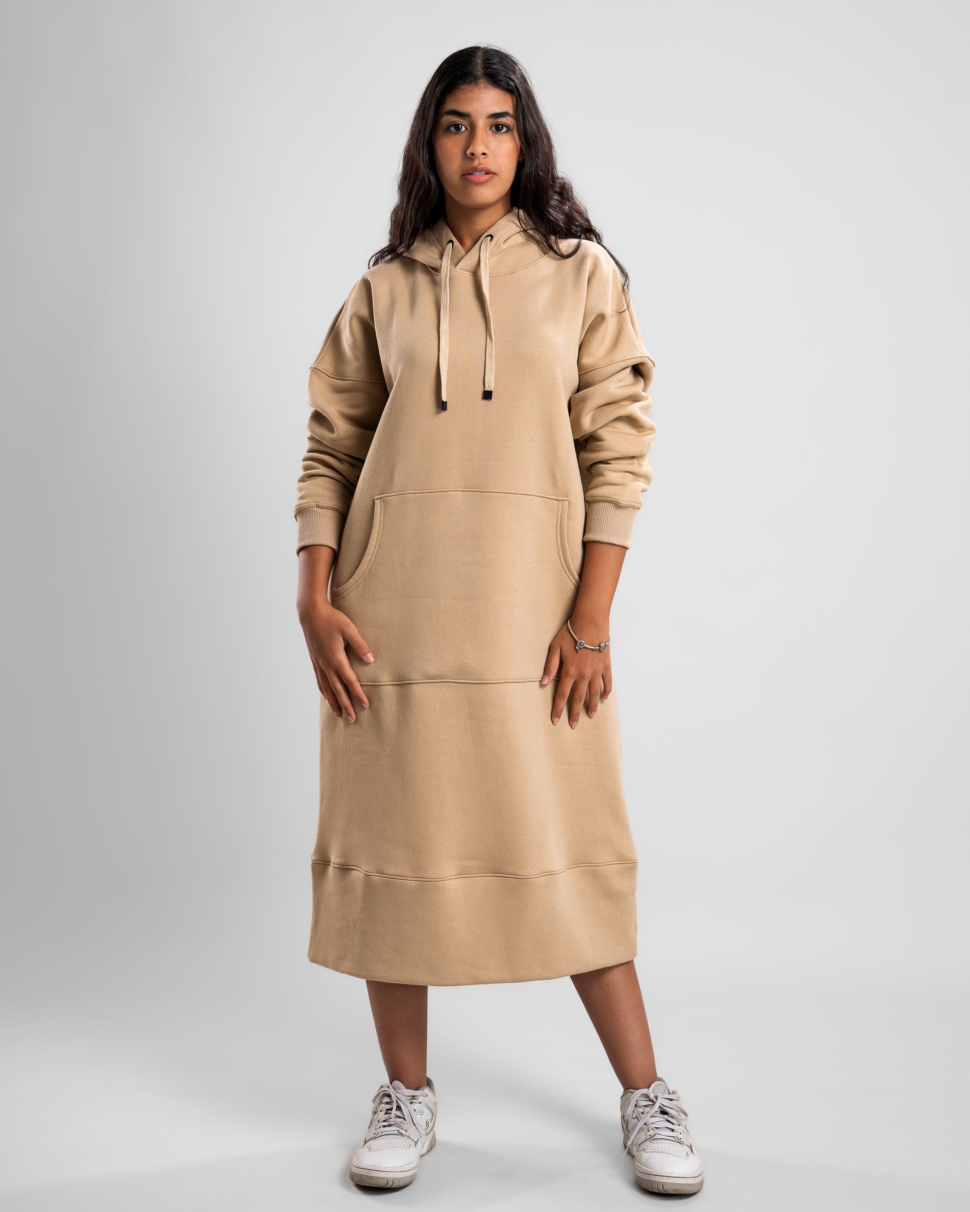 front look of Café Hoodie Long Dress with front pocket and hood, perfect for layering.