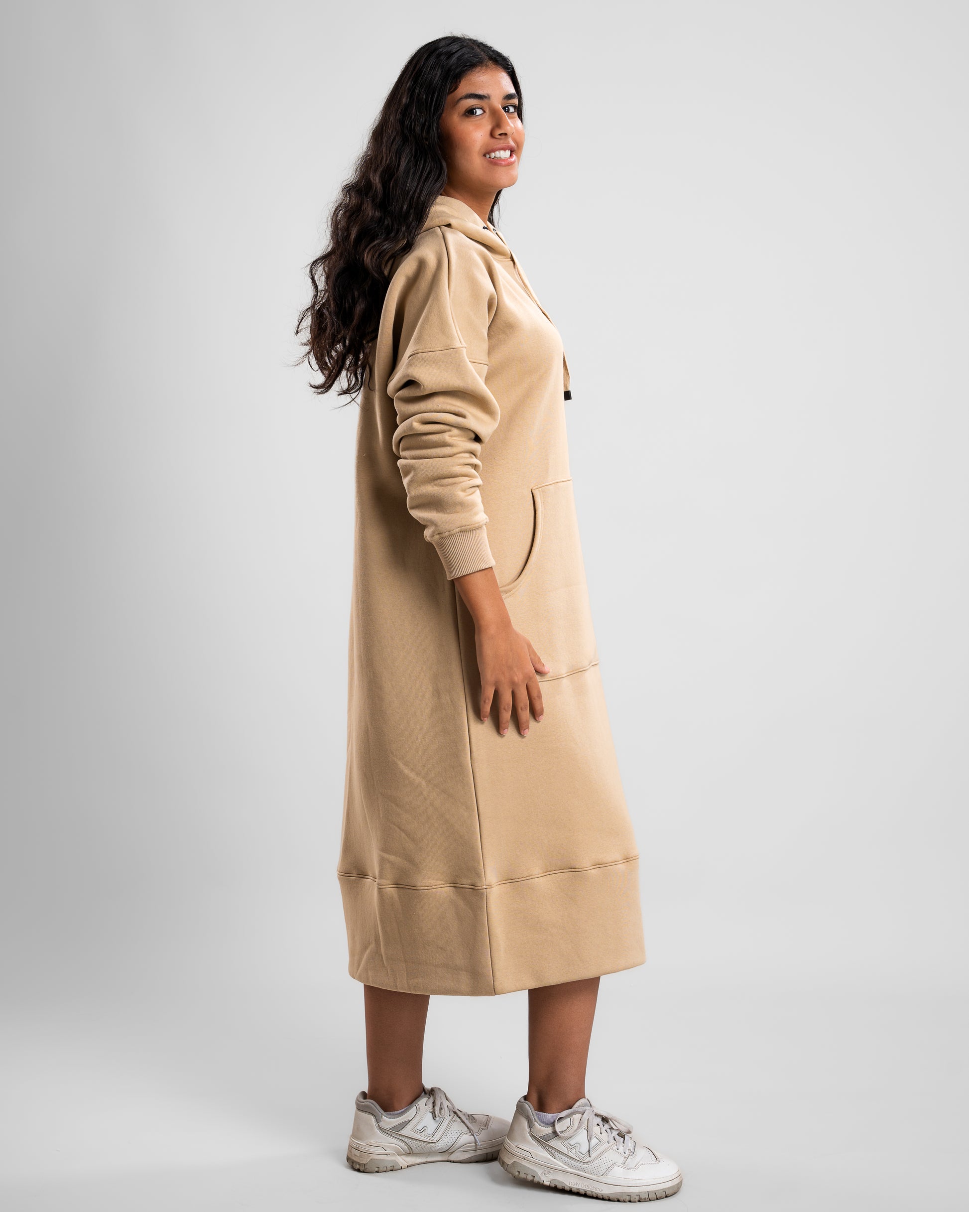 Café Hoodie Long Dress with front pocket and hood, perfect for layering.