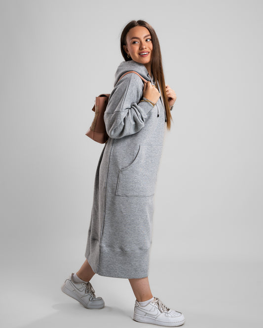 Model in a grey Hoodie Long Dress with thick Melton fabric, cozy and stylish.